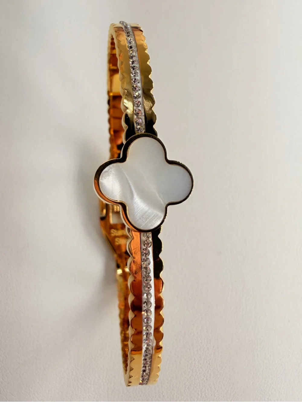 Stainless steel Gold Bangle Bracelet with White Mother-of-Pearl Clover Accent